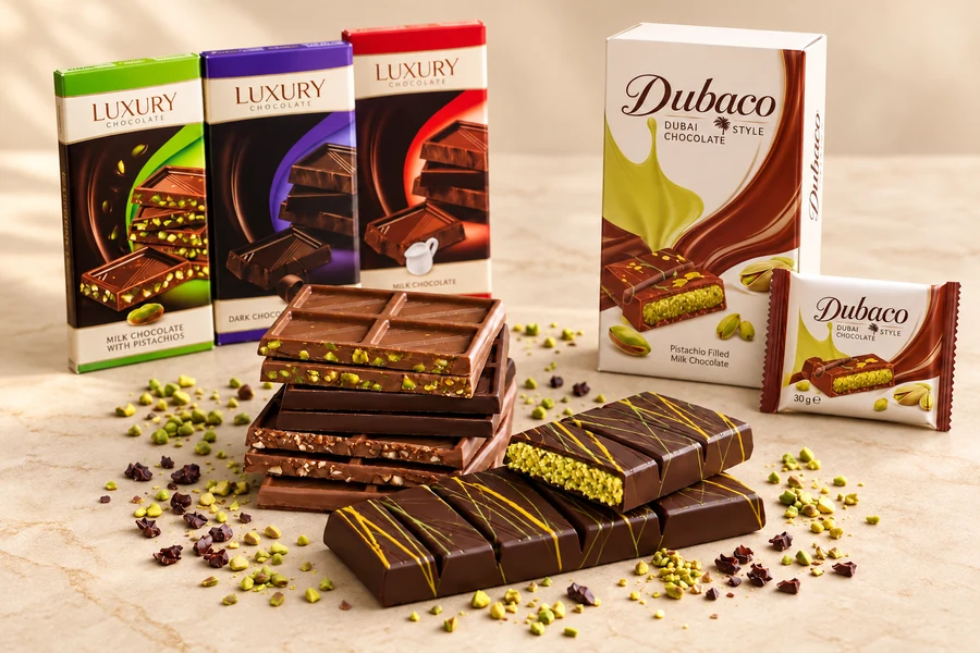 Luxury and Dubaco chocolates with their boxes and wrappers