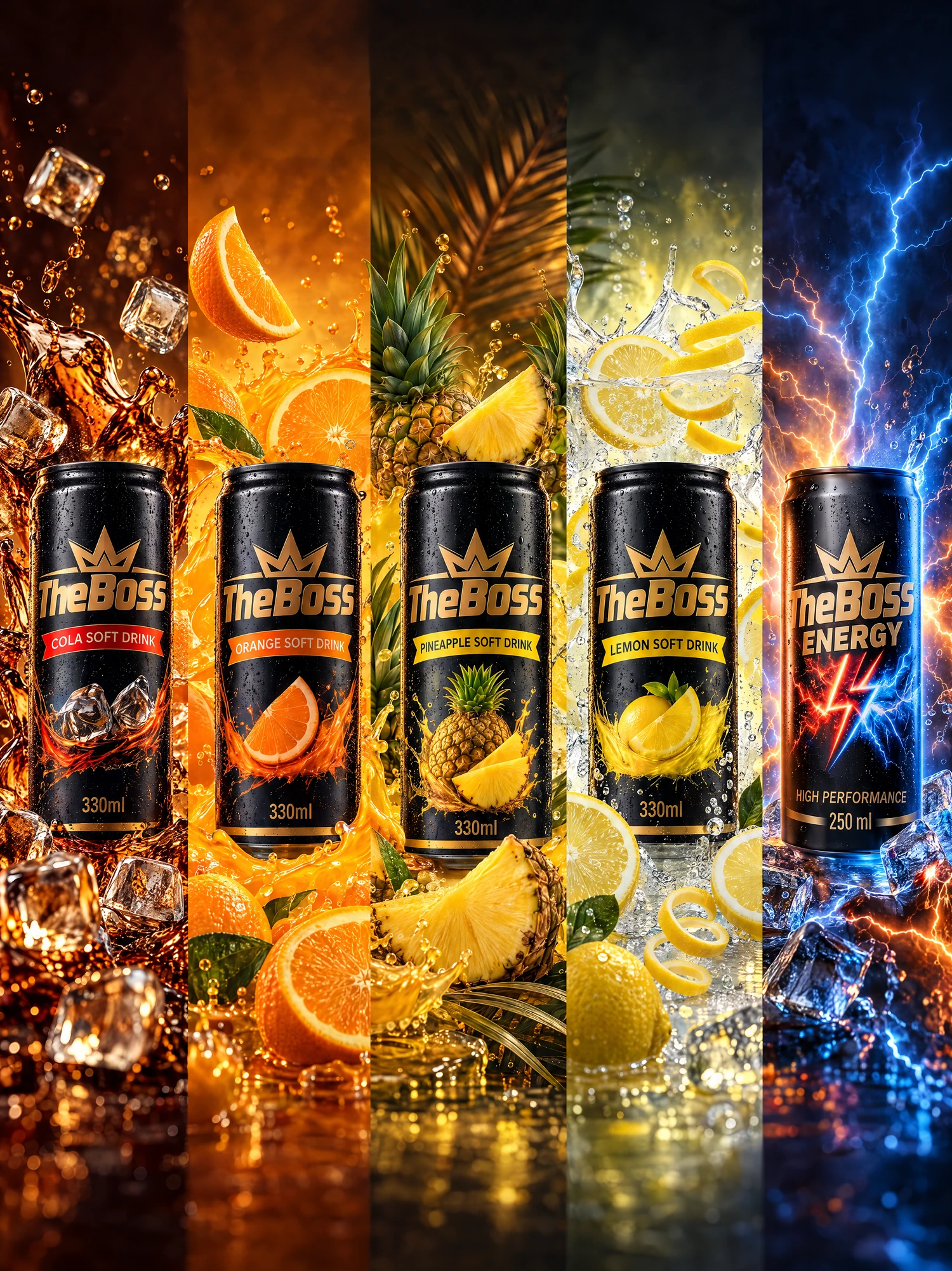 THE BOSS cola, orange, pineapple, lemon and energy drinks